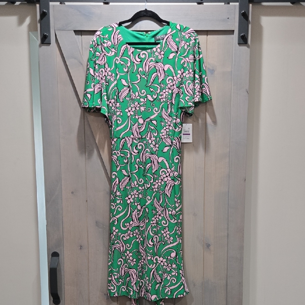 Kasper Green and White Flutter Sleeve Sheath Dress